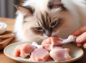 Ragdoll cat eating Raw Chicken